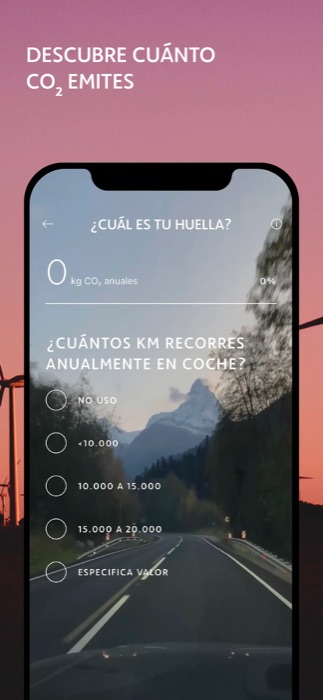 Pantalla de la app ACCIONA Carbon Technologies preguntando los kilómetros recorridos en coche para calcular la huella