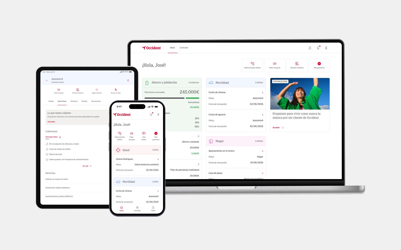Interfaz de Occident e-cliente en desktop, tablet y mobile: panel de pólizas, ahorro y gestiones